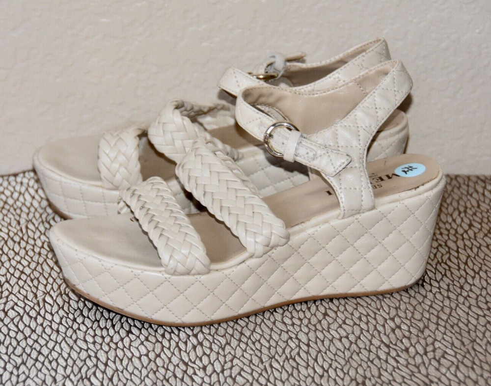 Sesto Meucci Tahnee Ivory Quilted Wedge Leather Sandal Size 7.5